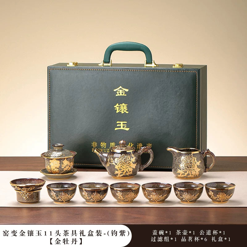Gold-Inlaid Jade Kung Fu Tea Set Classic