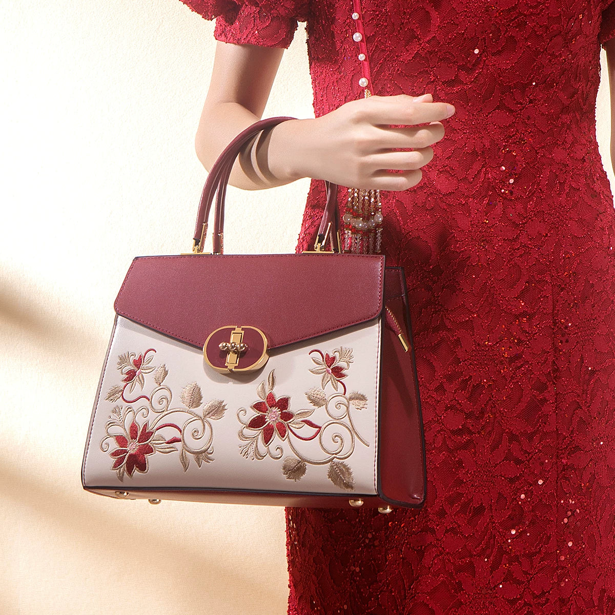 Large Red and White Embroidered Handbag