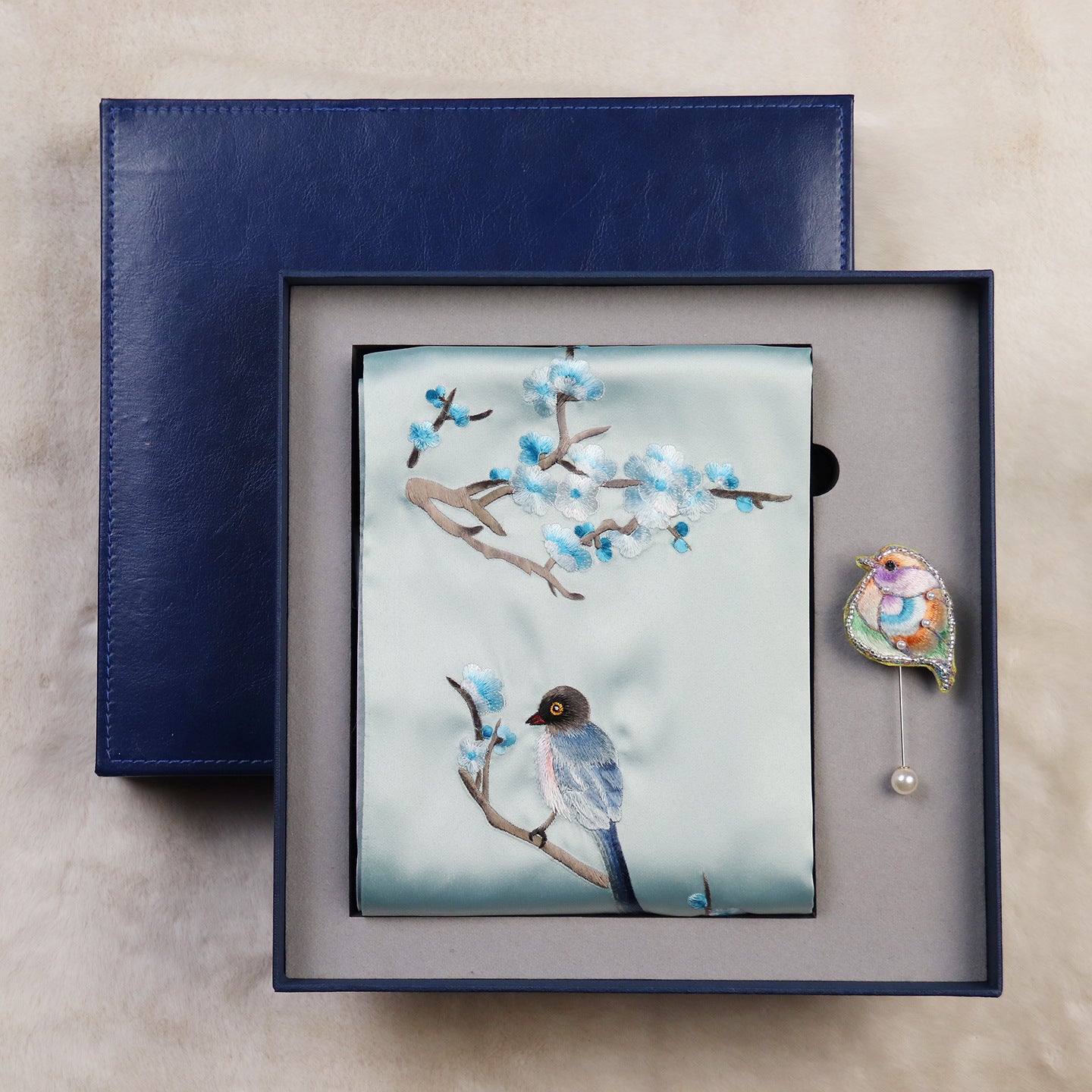 Magpie and Plum Silk Scarf with Brooch