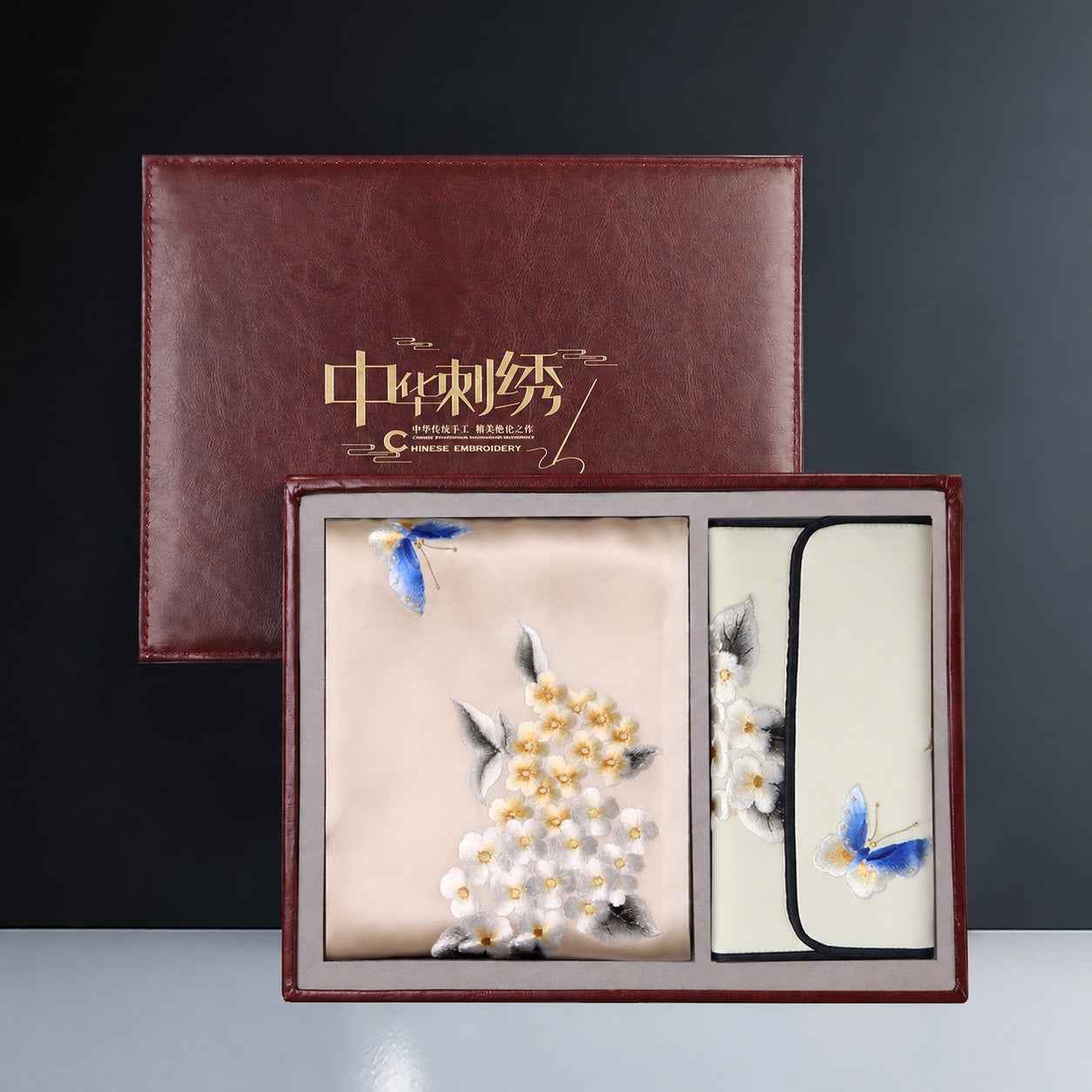 Embroidered Mulberry Silk Scarf and Wallet Set