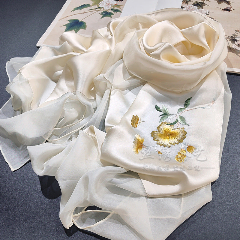 Hand-Embroidered Silk Chiffon Long Scarf