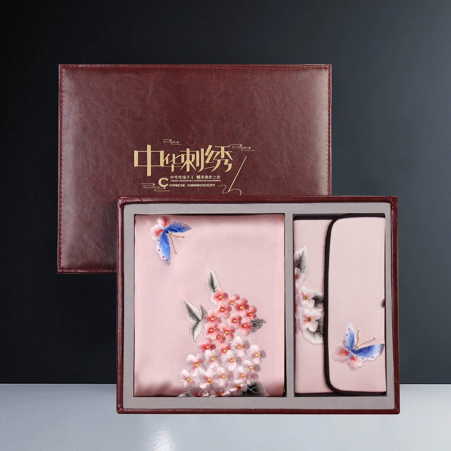 Embroidered Mulberry Silk Scarf and Wallet Set