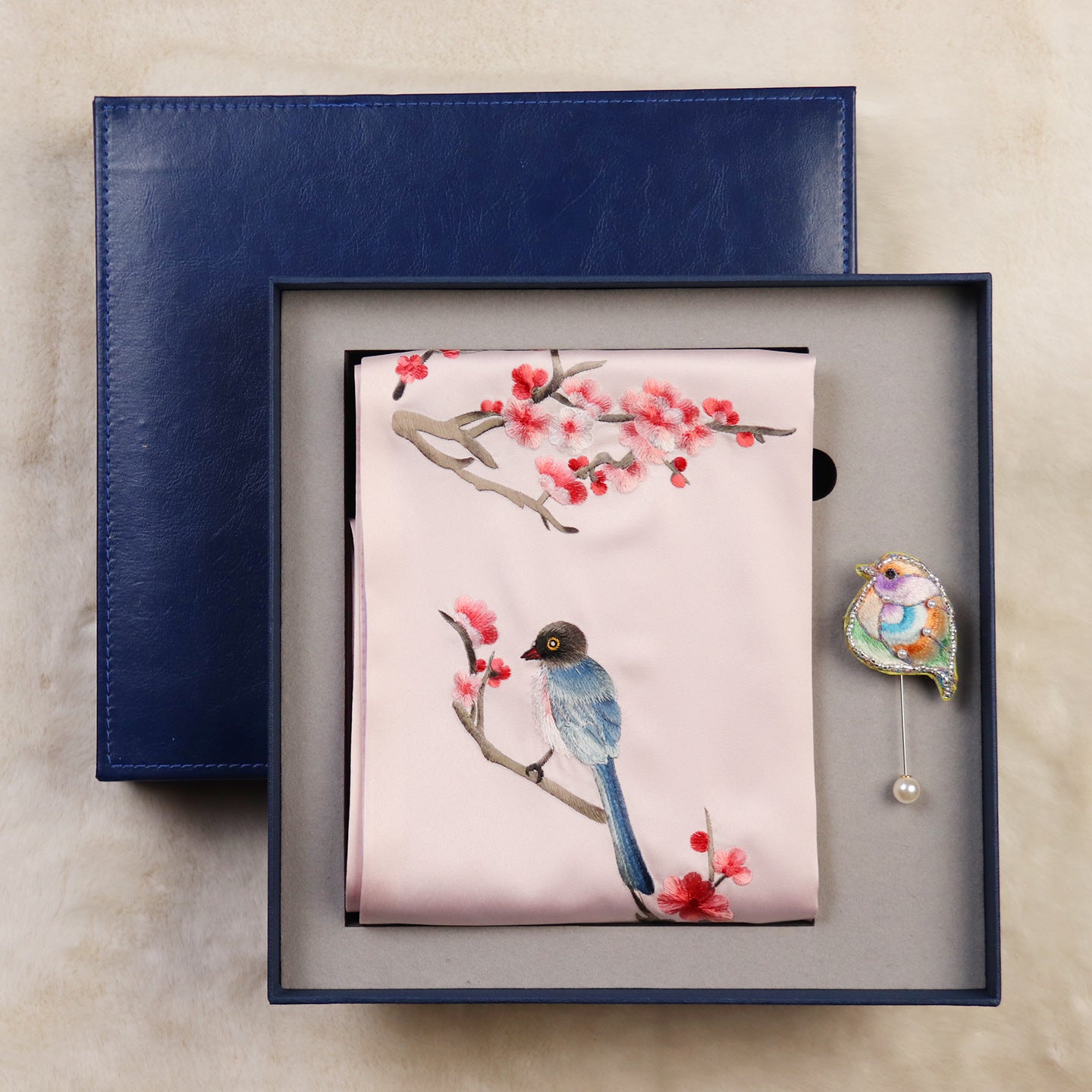 Magpie and Plum Silk Scarf with Brooch