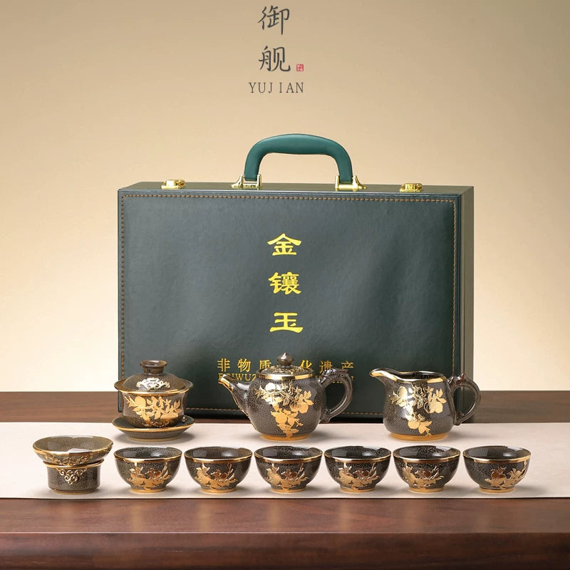 Gold-Inlaid Jade Kung Fu Tea Set Classic