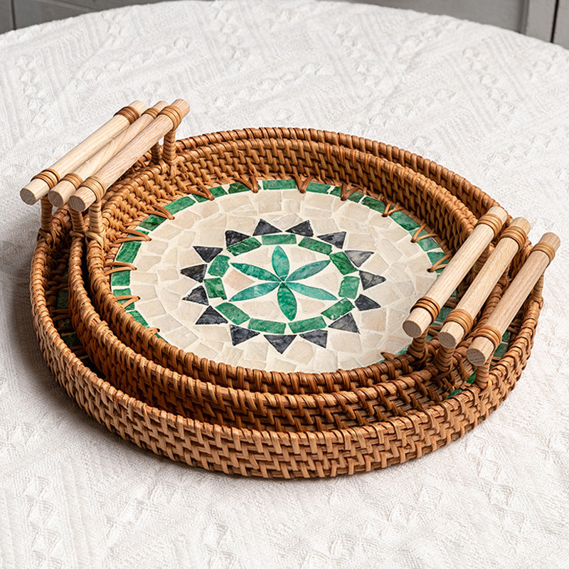 Rattan & Shell Inlay Serving Tray