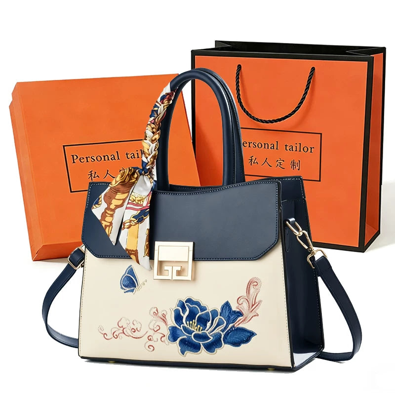 Large Embroidered Handbag in Blue or Burgundy