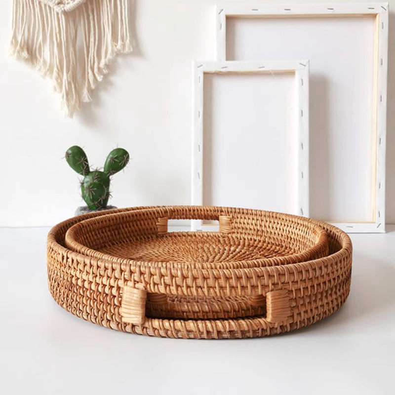 Round Rattan Tray with Handles
