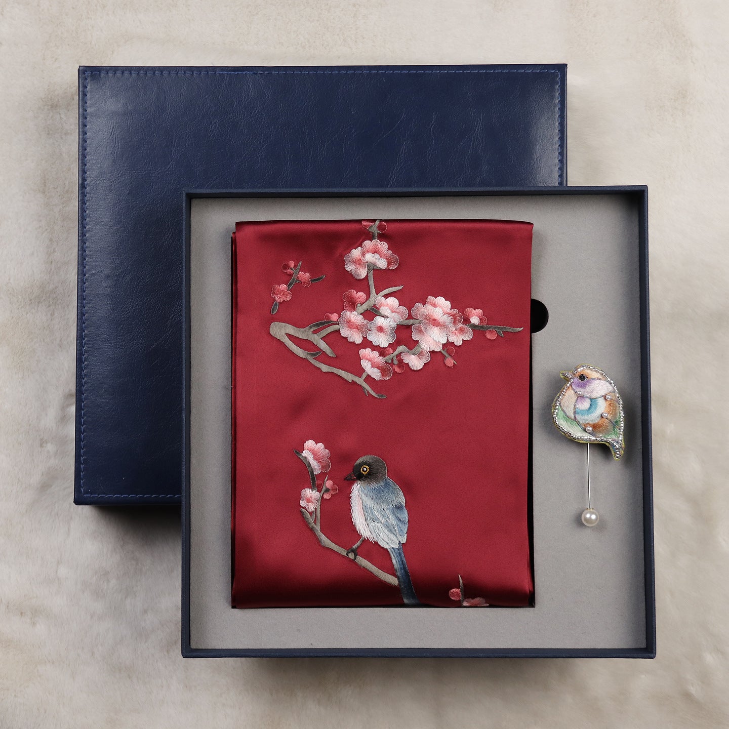 Magpie and Plum Silk Scarf with Brooch