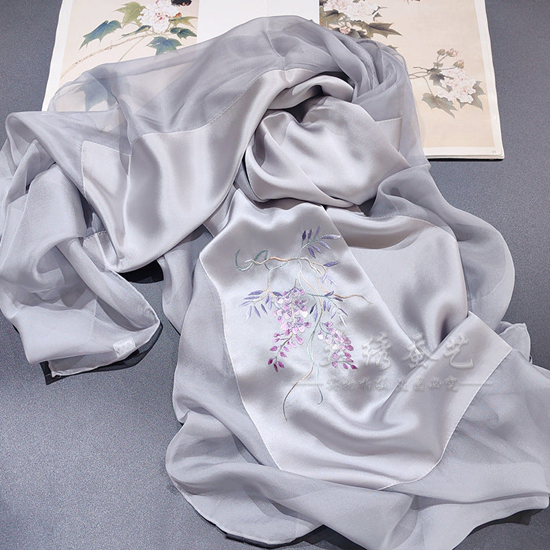 Hand-Embroidered Silk Chiffon Long Scarf