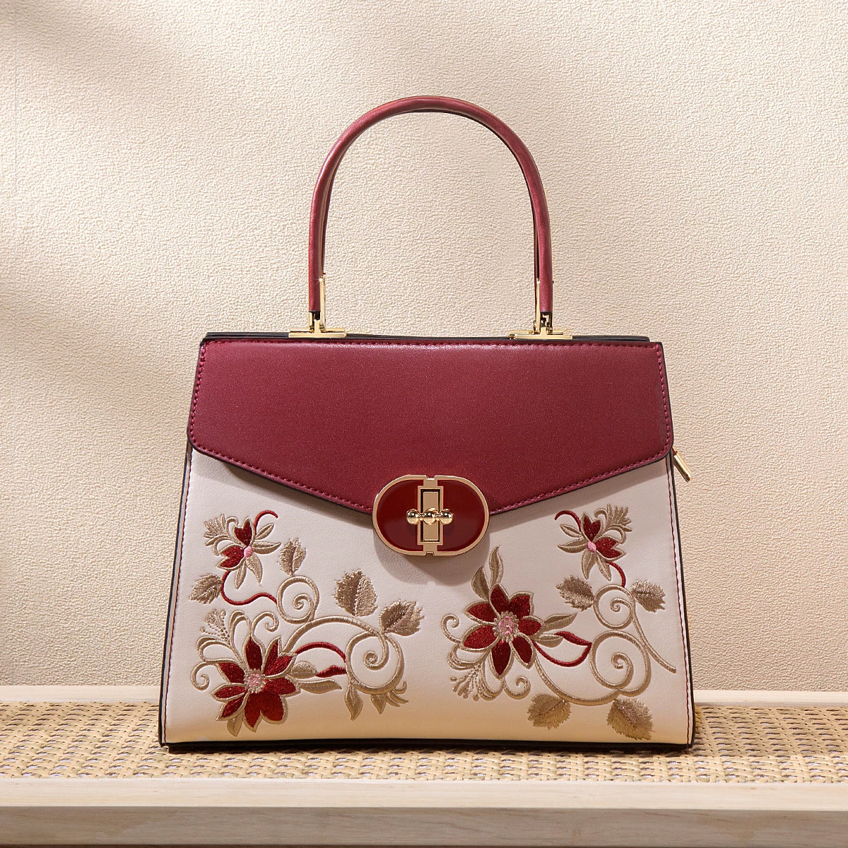 Large Red and White Embroidered Handbag