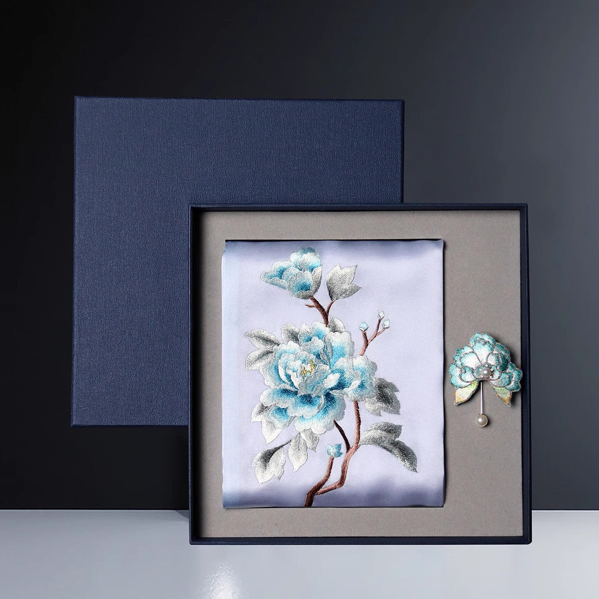 Embroidered Mulberry Silk Scarf and Brooch Set