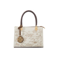 Brown and White Embroidered Handbag