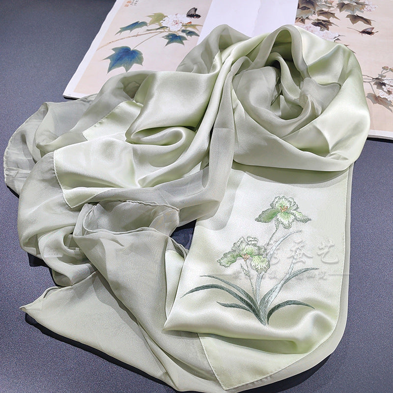 Hand-Embroidered Silk Chiffon Long Scarf