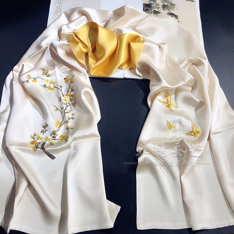 Peach Blossom Su Embroidered Silk Scarf