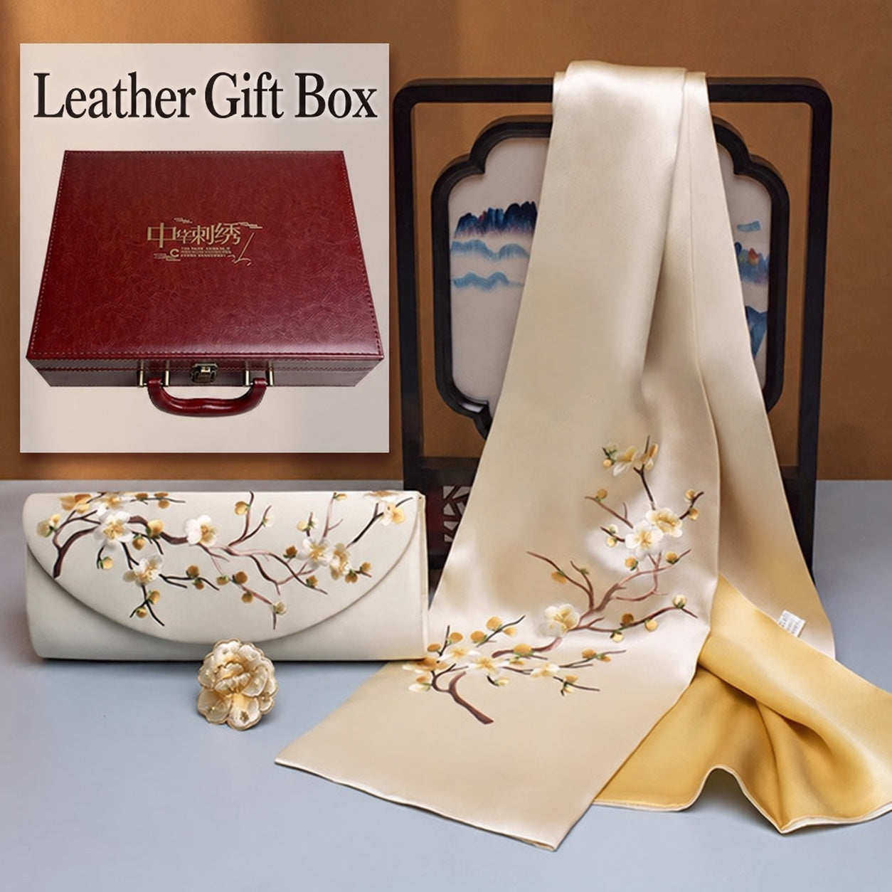 Su Embroidery Silk Scarf, Clutch and Ring Set
