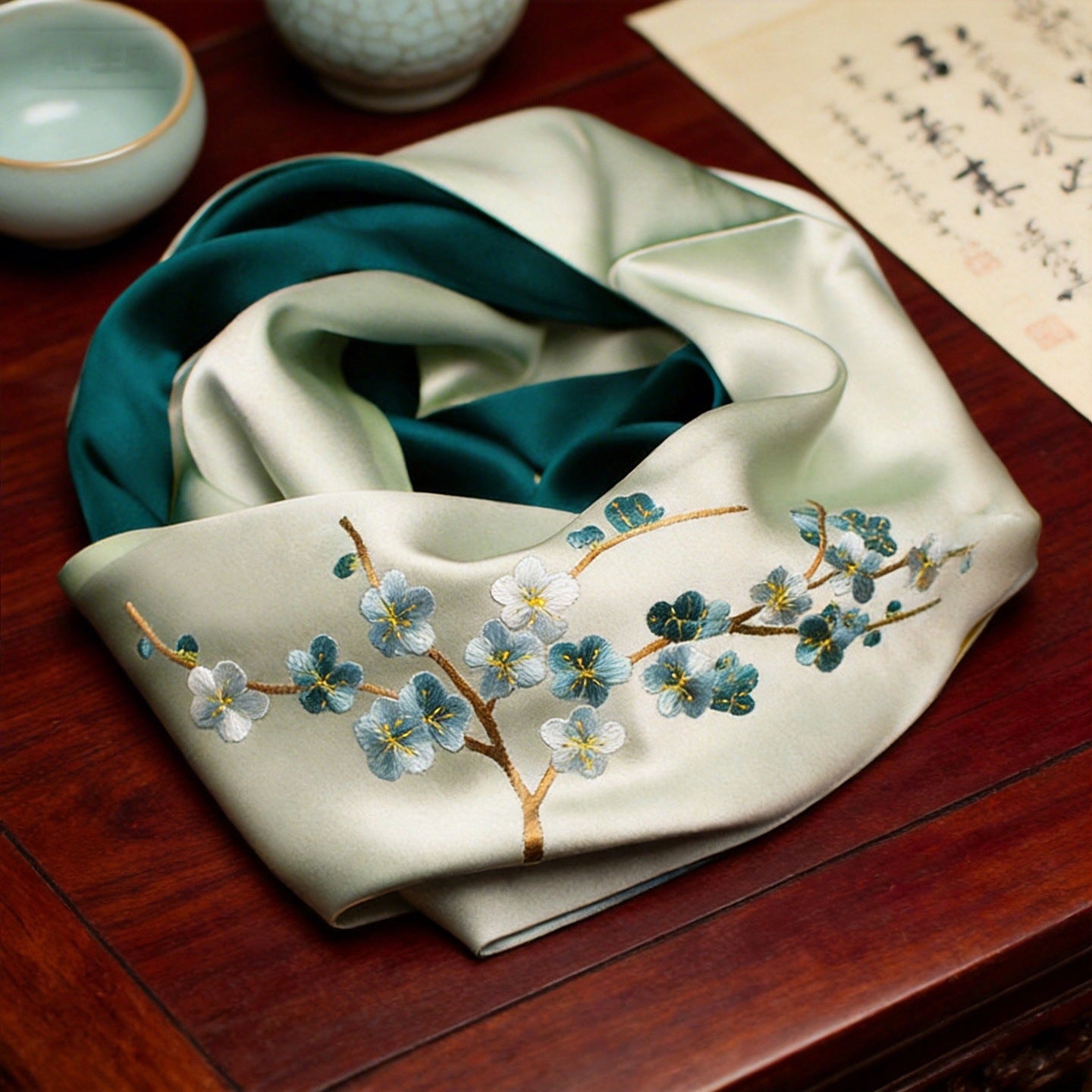 100% Mulberry Silk Su Embroidery Long Scarf
