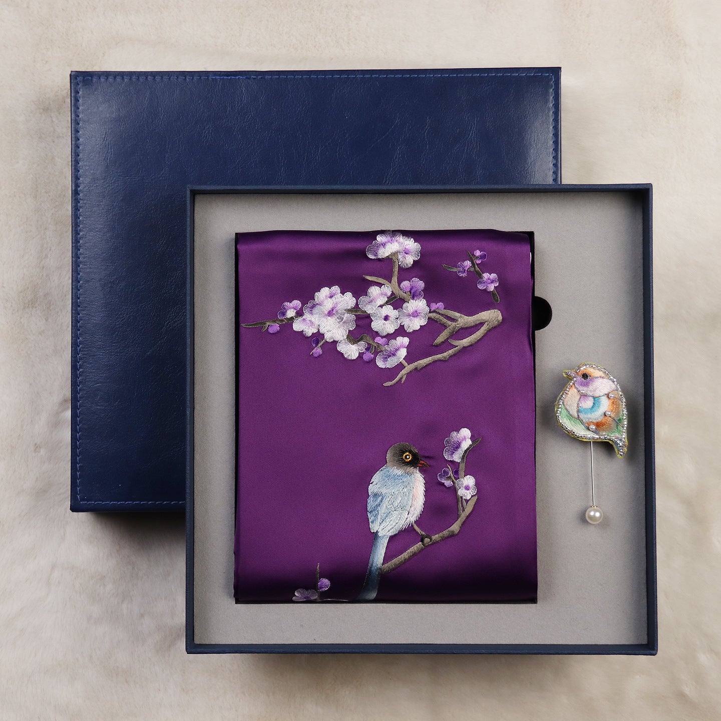 Magpie and Plum Silk Scarf with Brooch