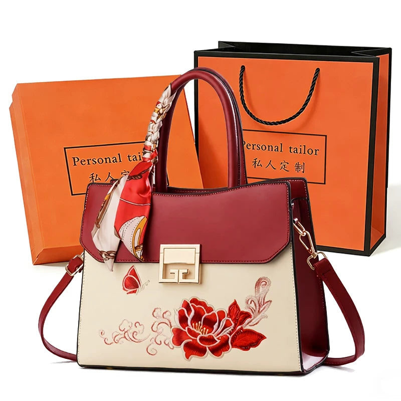 Large Embroidered Handbag in Blue or Burgundy