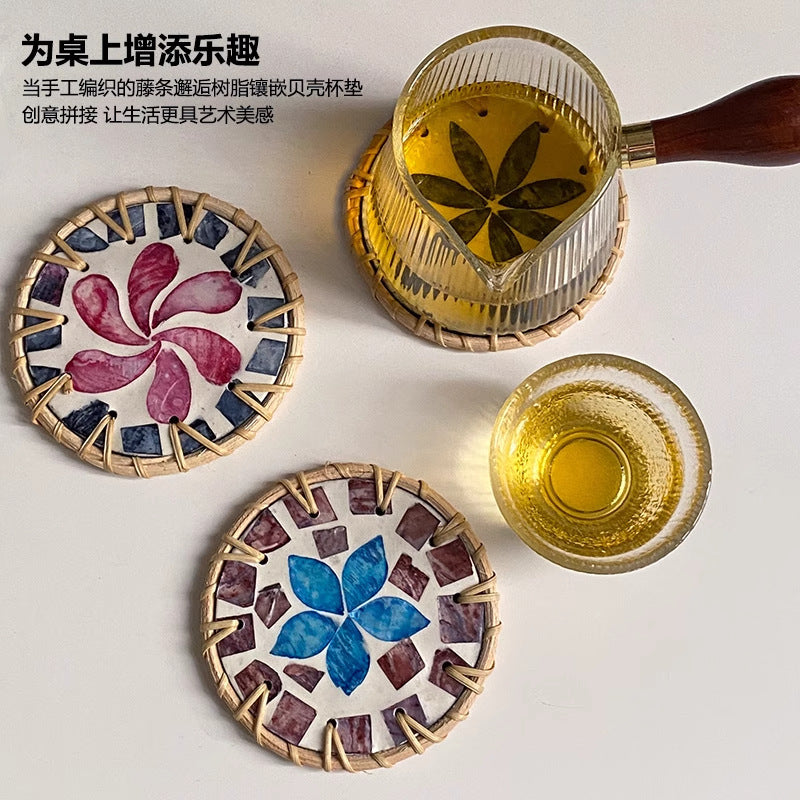 Rattan & Shell Round Coaster