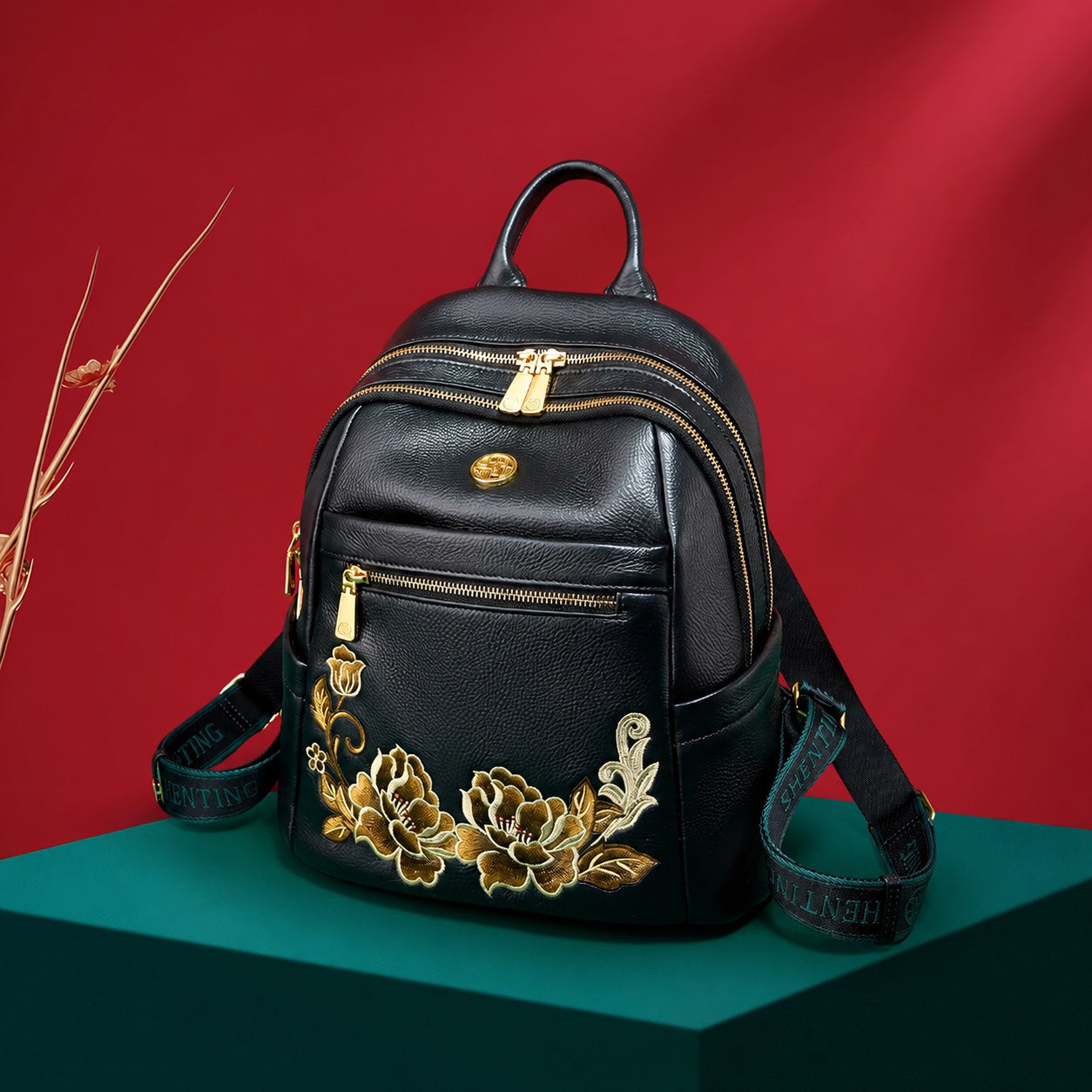 Embroidered Leather Backpack