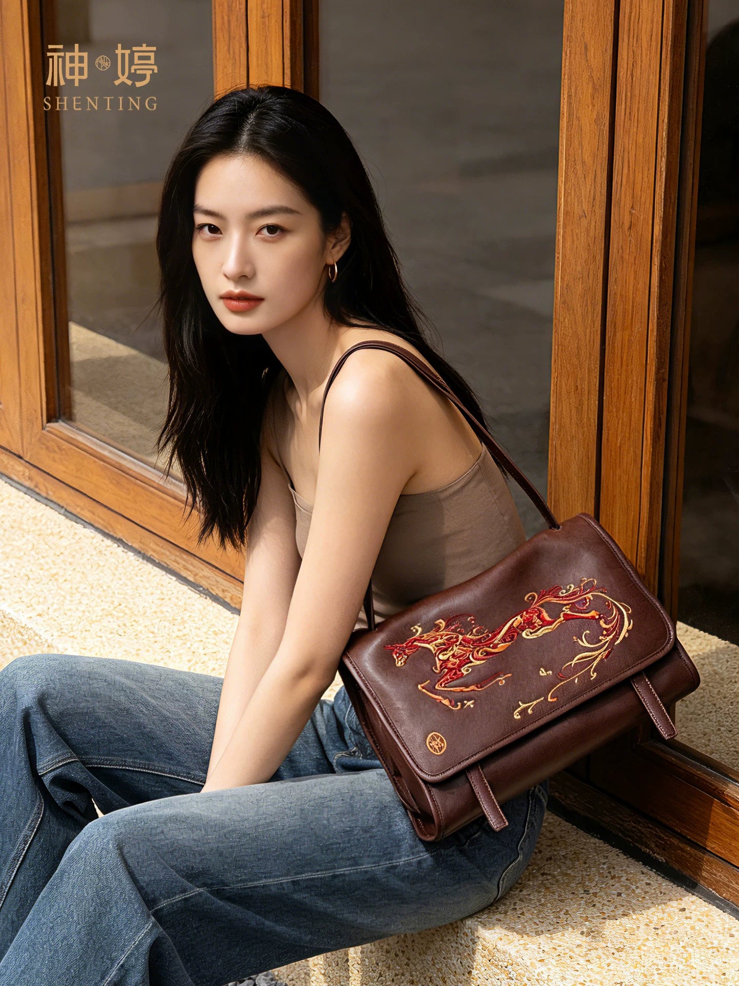Embroidered Leather Messenger Bag