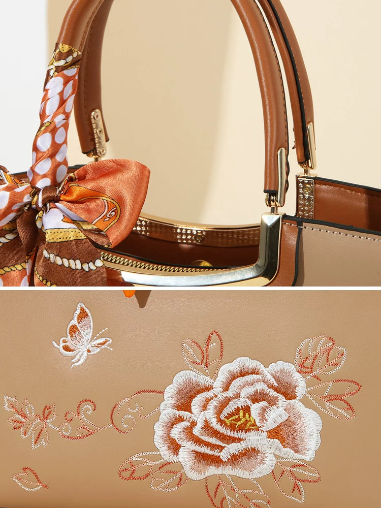 Three-Compartment Embroidered Handbag