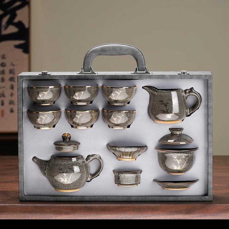 Jian Ware Tea Set with Gold Bamboo