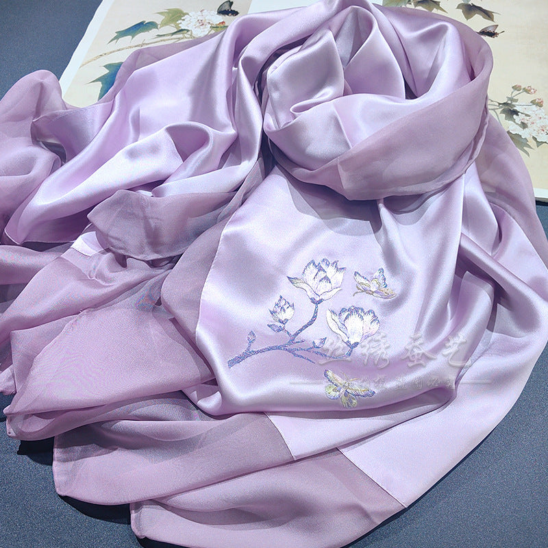 Hand-Embroidered Silk Chiffon Long Scarf