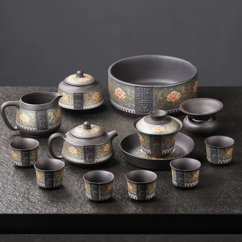 Zisha Lotus Scroll Ruyi Tea Set