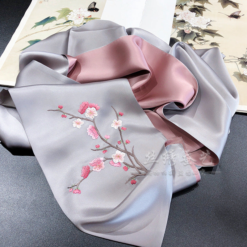 Hand Embroidered Silk Scarf, Blue Tones