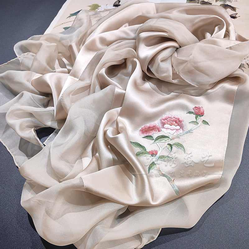 Hand-Embroidered Silk Chiffon Long Scarf