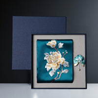 Embroidered Mulberry Silk Scarf and Brooch Set