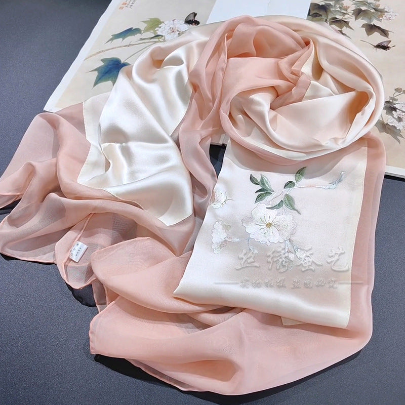 Hand-Embroidered Silk Chiffon Long Scarf