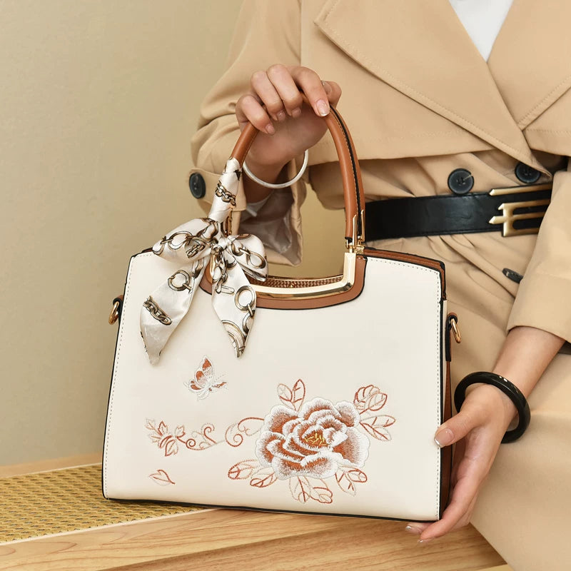 Three-Compartment Embroidered Handbag