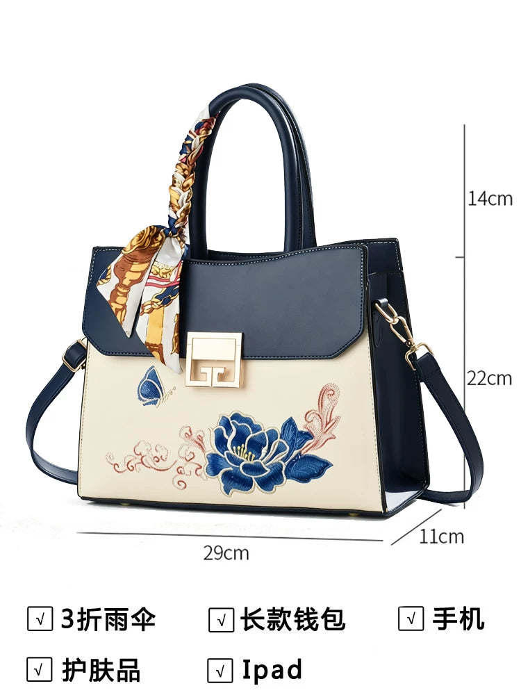 Large Embroidered Handbag in Blue or Burgundy