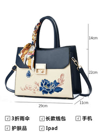 Large Embroidered Handbag in Blue or Burgundy