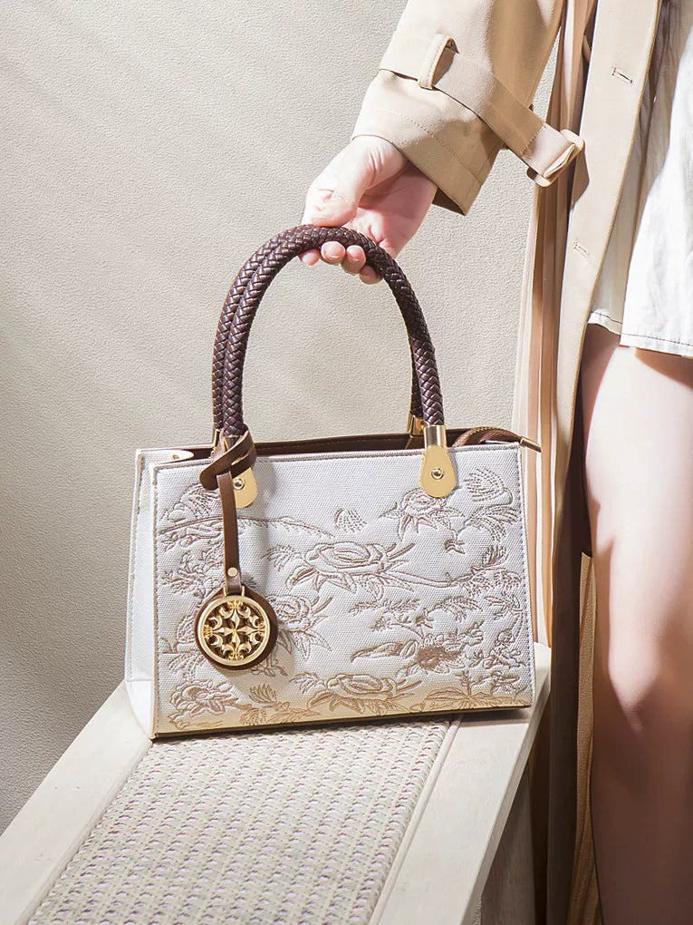 Brown and White Embroidered Handbag