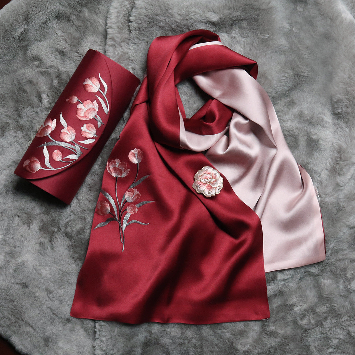 Su Embroidery Silk Scarf, Clutch and Ring Set