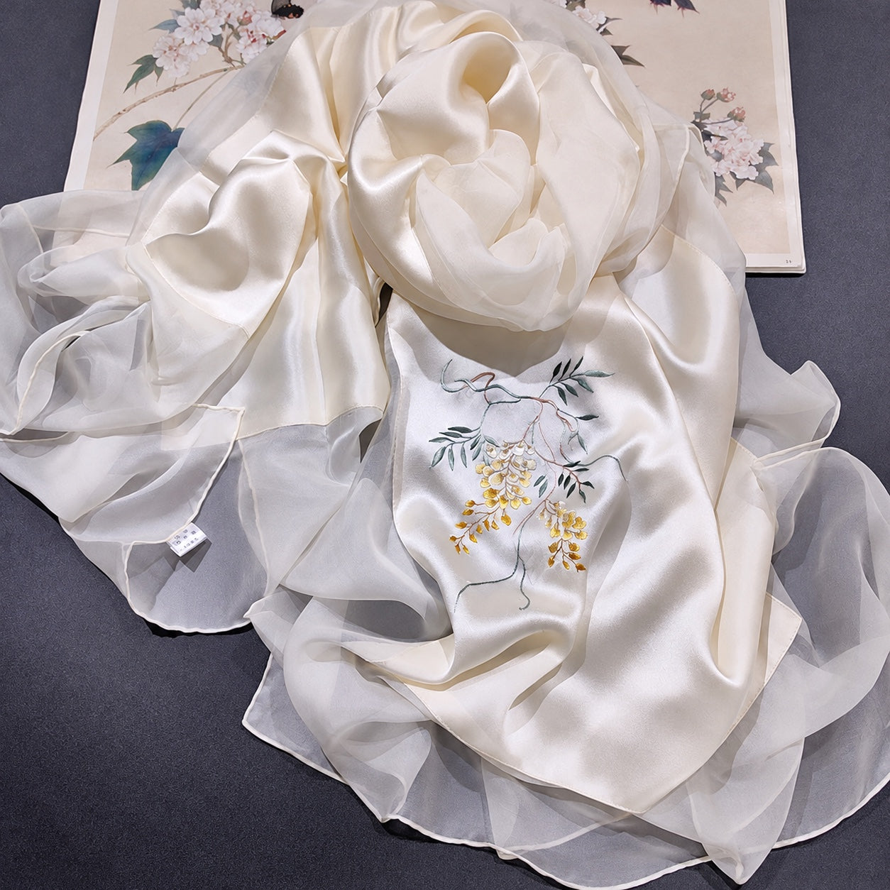 Hand-Embroidered Silk Chiffon Long Scarf