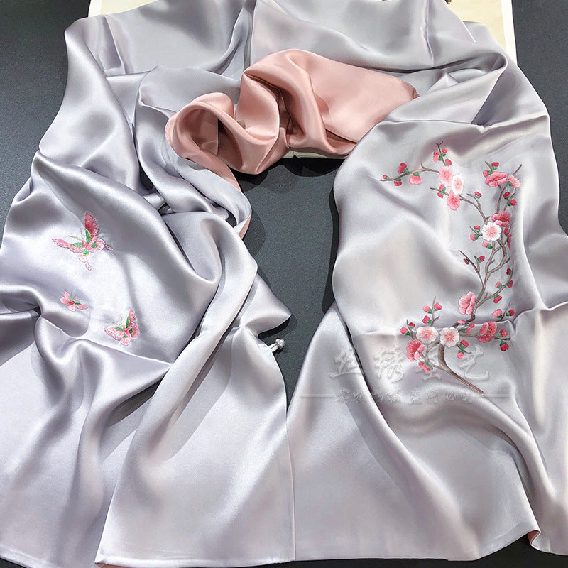 Peach Blossom Su Embroidered Silk Scarf