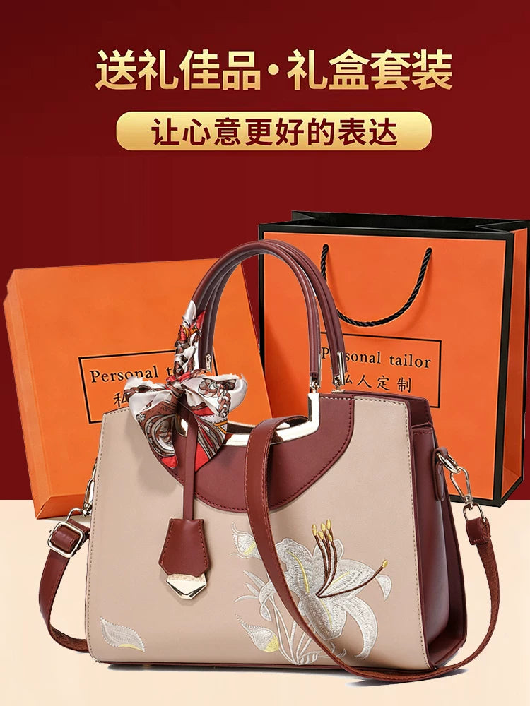 Brown Embroidered Crossbody Handbag